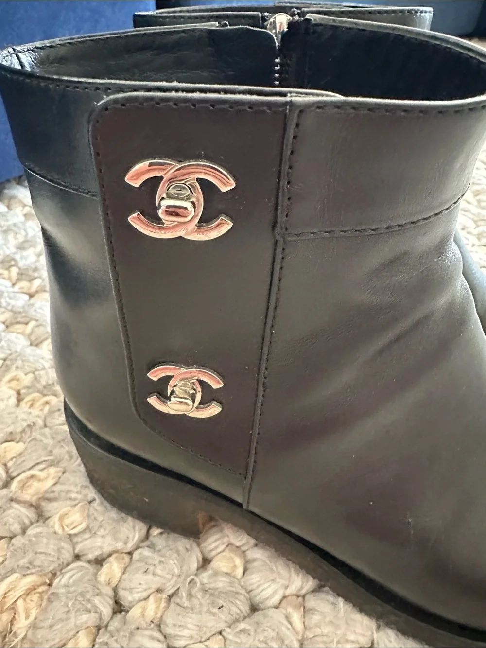 CHANEL CC TURN LOCK BLACK LEATHER SHORT ANKLE BOOT SHOE size 37